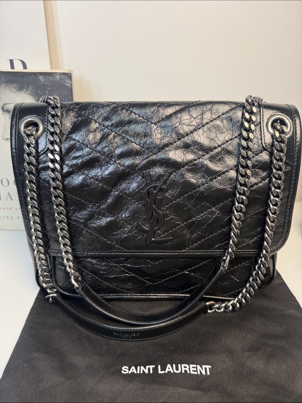 Saint Laurent Niki Medium Flap Shoulder Bag in Crinkled Leather -New - AUTHENTIC